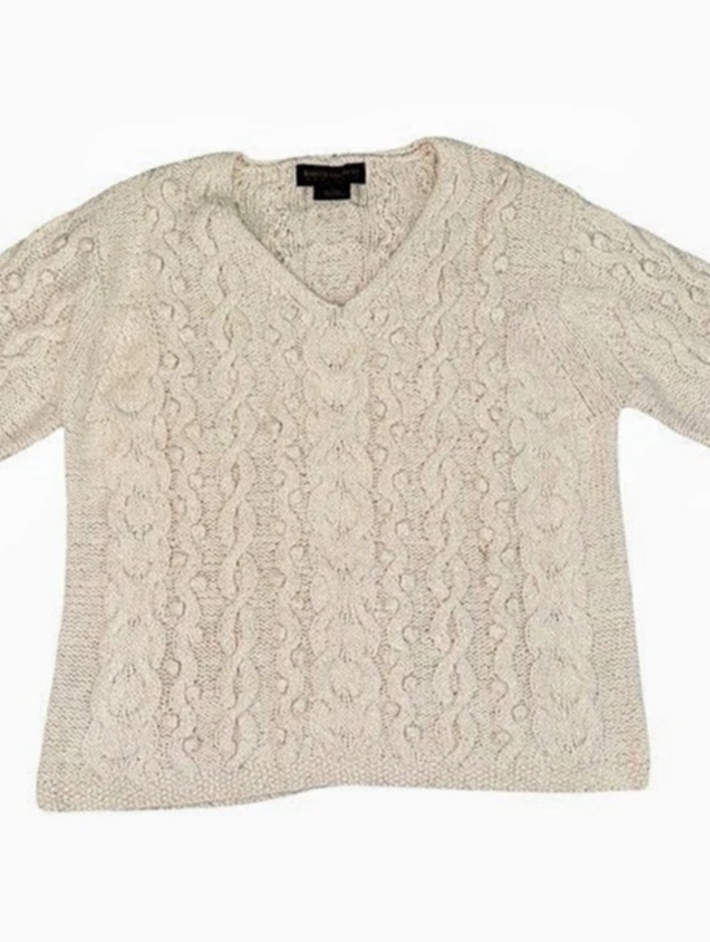 Babette Ballinger Cable Knit V-Neck Cream Small
